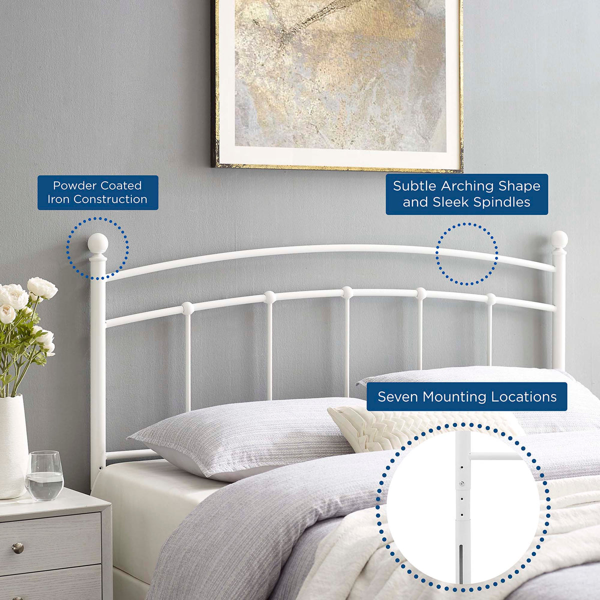 Abigail metal headboard by Modway, white powder-coated iron with arched silhouette and spindles on Tampa Home & Garden Store