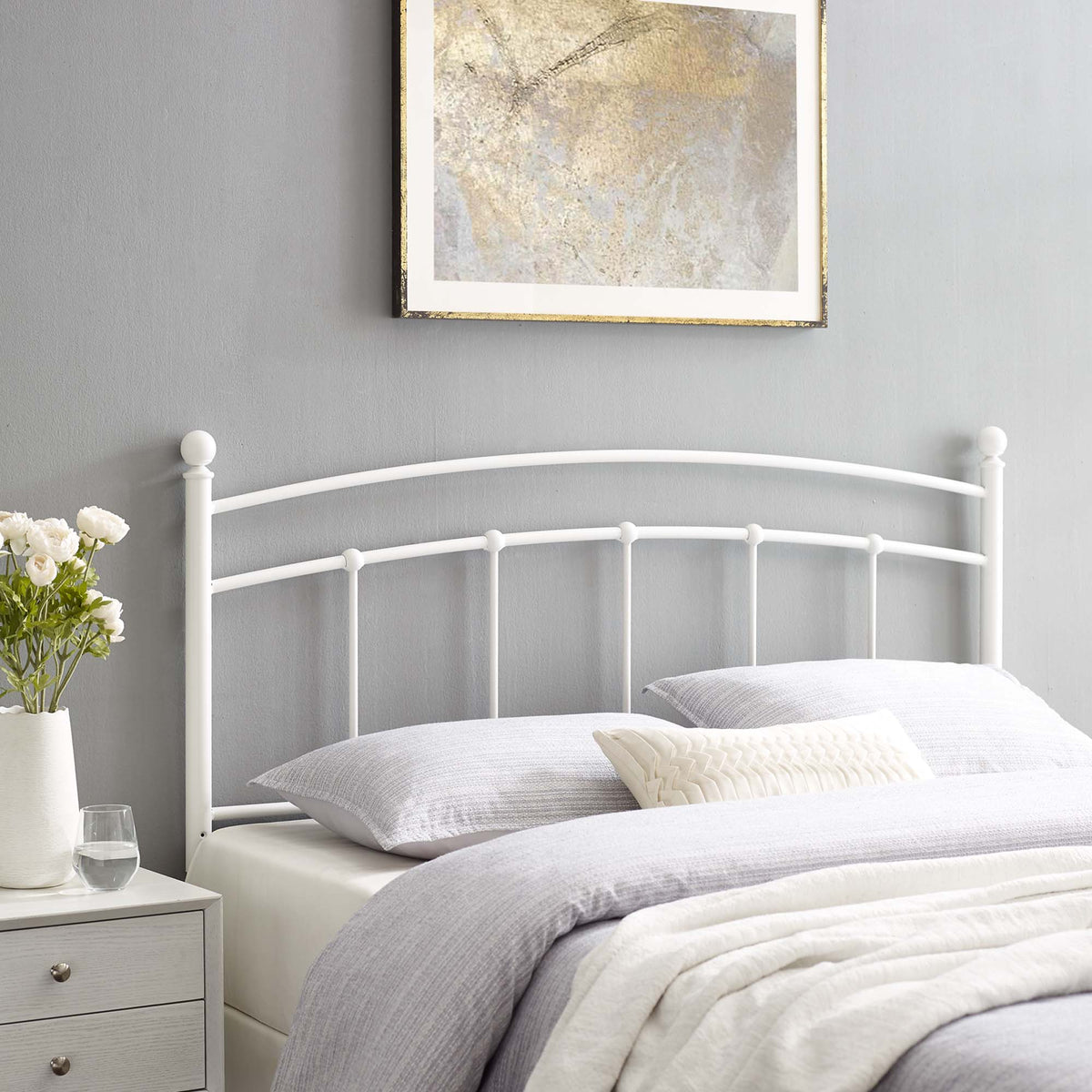 Abigail Metal Headboard by Modway, white metal with curved top rail and finials on Tampa Home & Garden Store