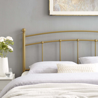 Abigail Metal Headboard by Modway, goldtone metal frame with curved rails against a gray wall on Tampa Home & Garden Store