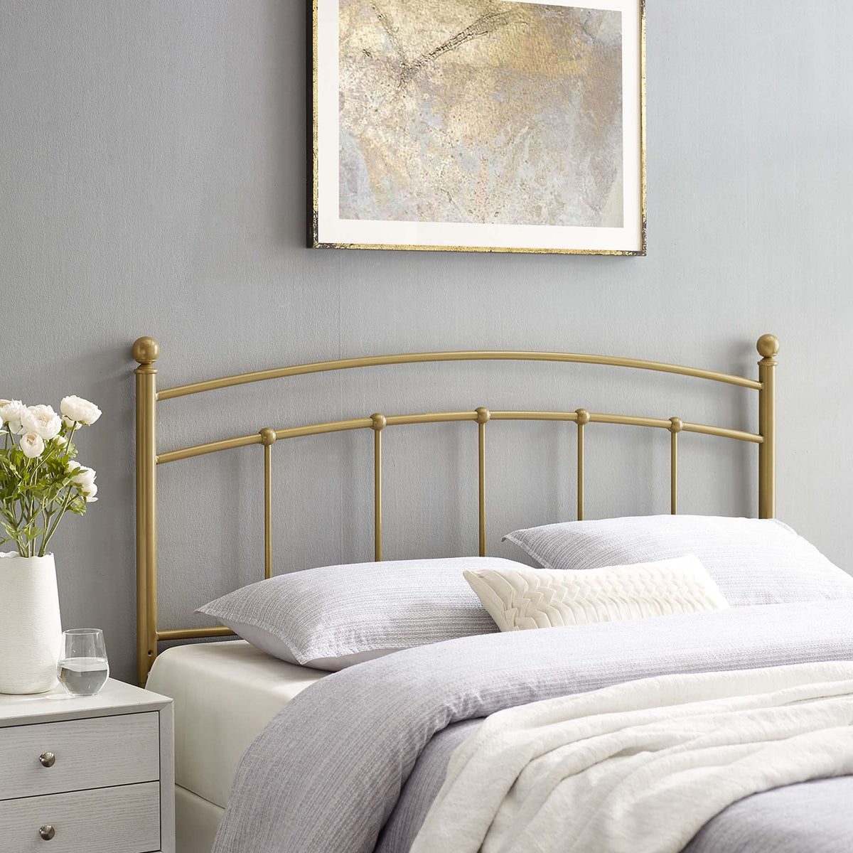 Abigail metal headboard by Modway, gold-tone curved rails with round finials on Tampa Home & Garden Store