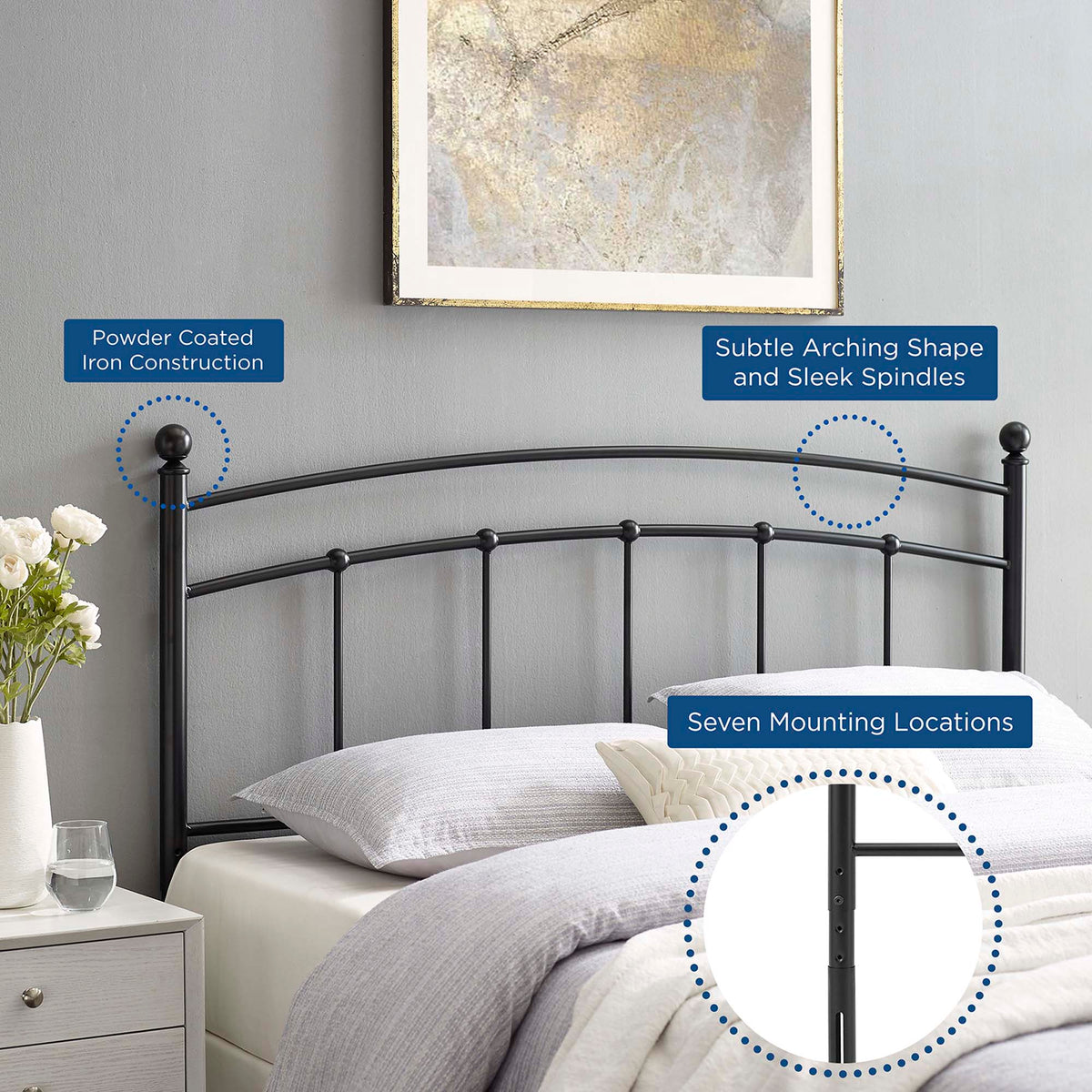 Abigail Metal Headboard by Modway, black powder-coated iron with arching silhouette and spindles on Tampa Home & Garden Store