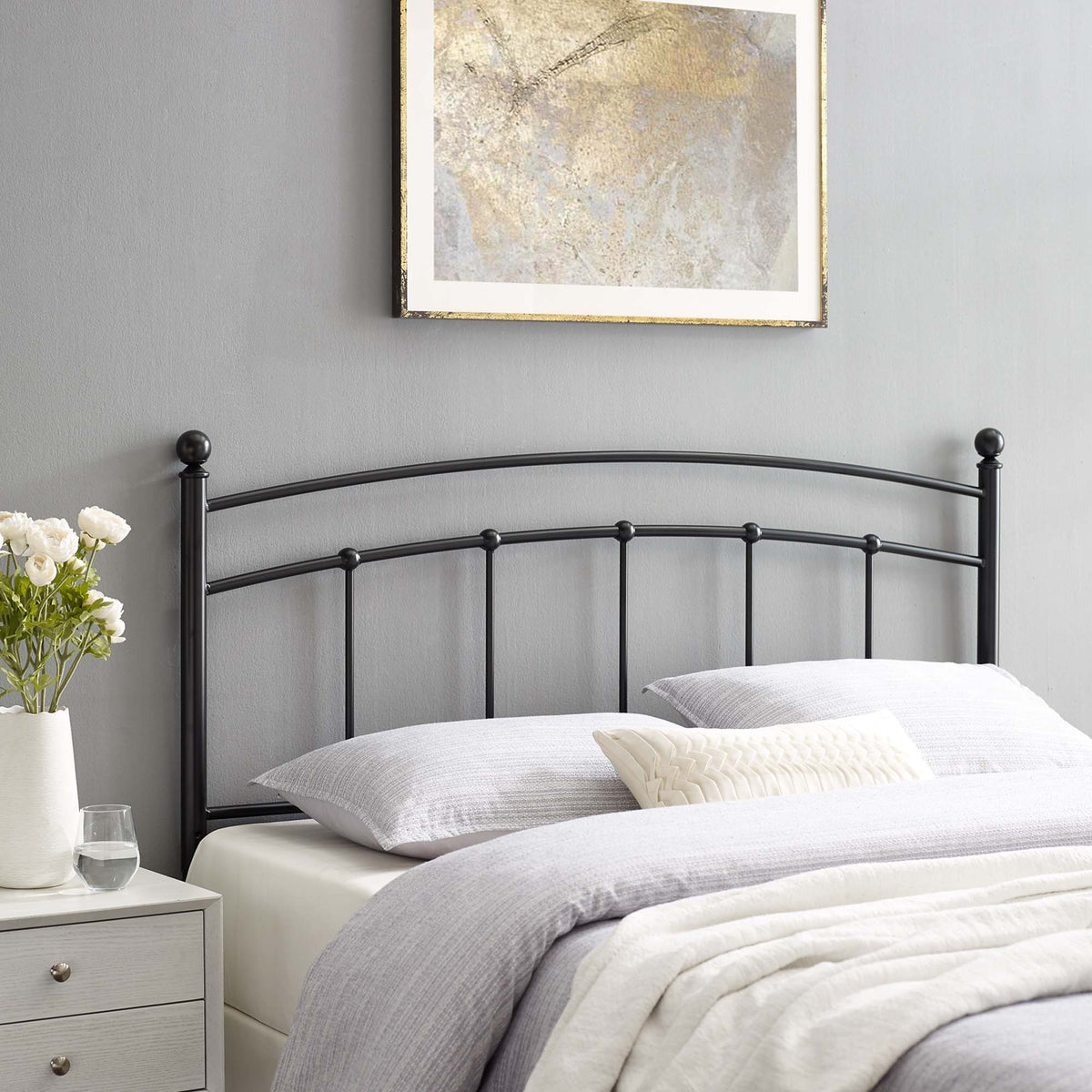 Abigail Metal Headboard by Modway, black metal headboard with curved rails and round finials on Tampa Home & Garden Store