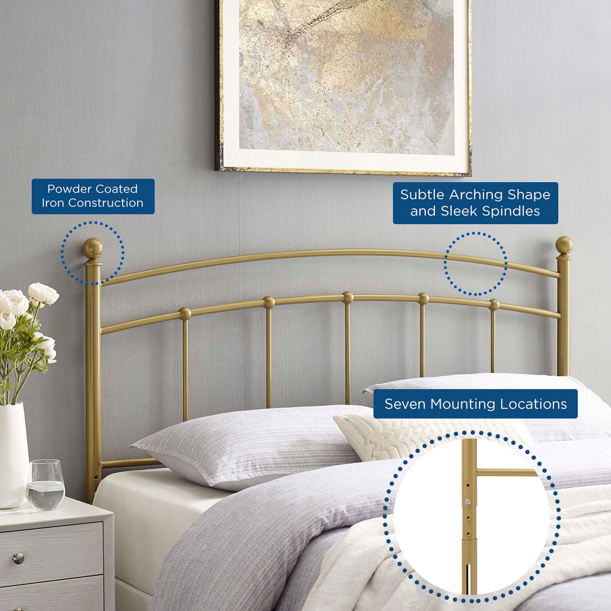 Abigail Metal Headboard gold powder-coated iron with subtle arched rails and slim spindles on Tampa Home & Garden Store