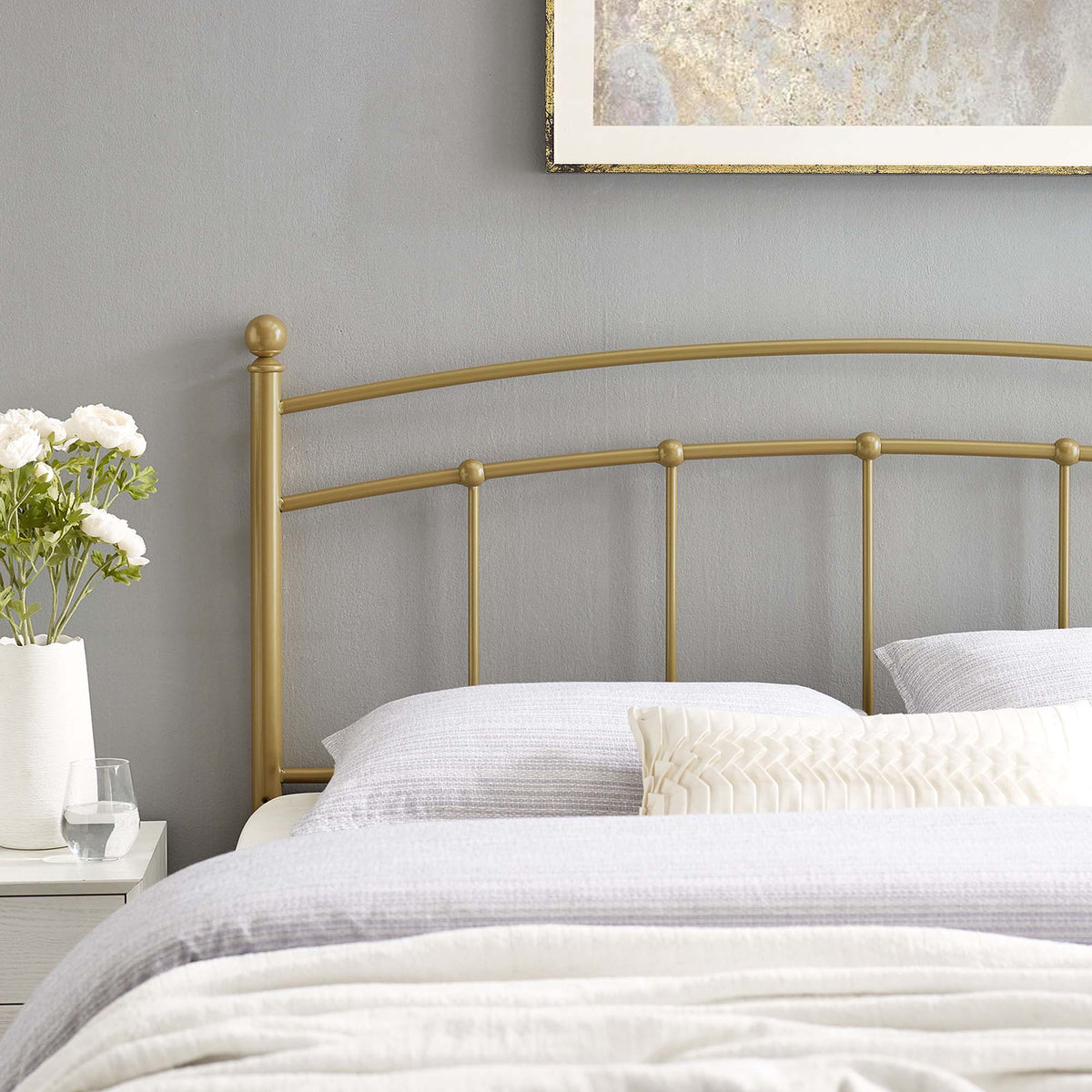Abigail Metal Headboard by Modway brass gold finish with rounded posts in a gray bedroom on Tampa Home & Garden Store