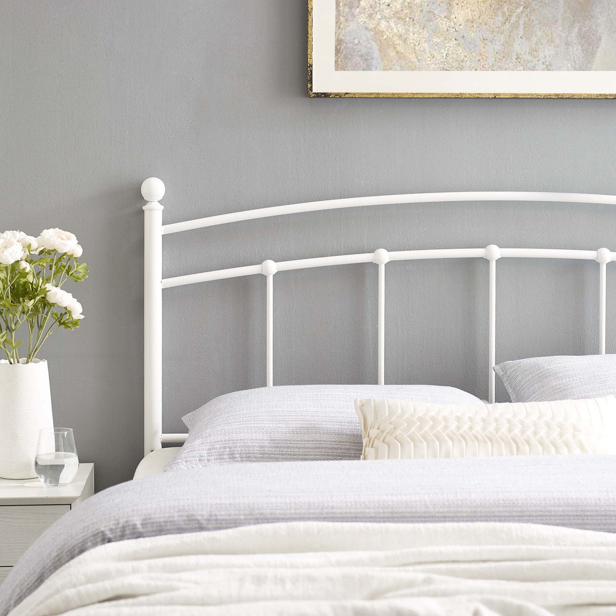 Abigail Metal Headboard by Modway, white steel with curved top and vertical bars on Tampa Home & Garden Store