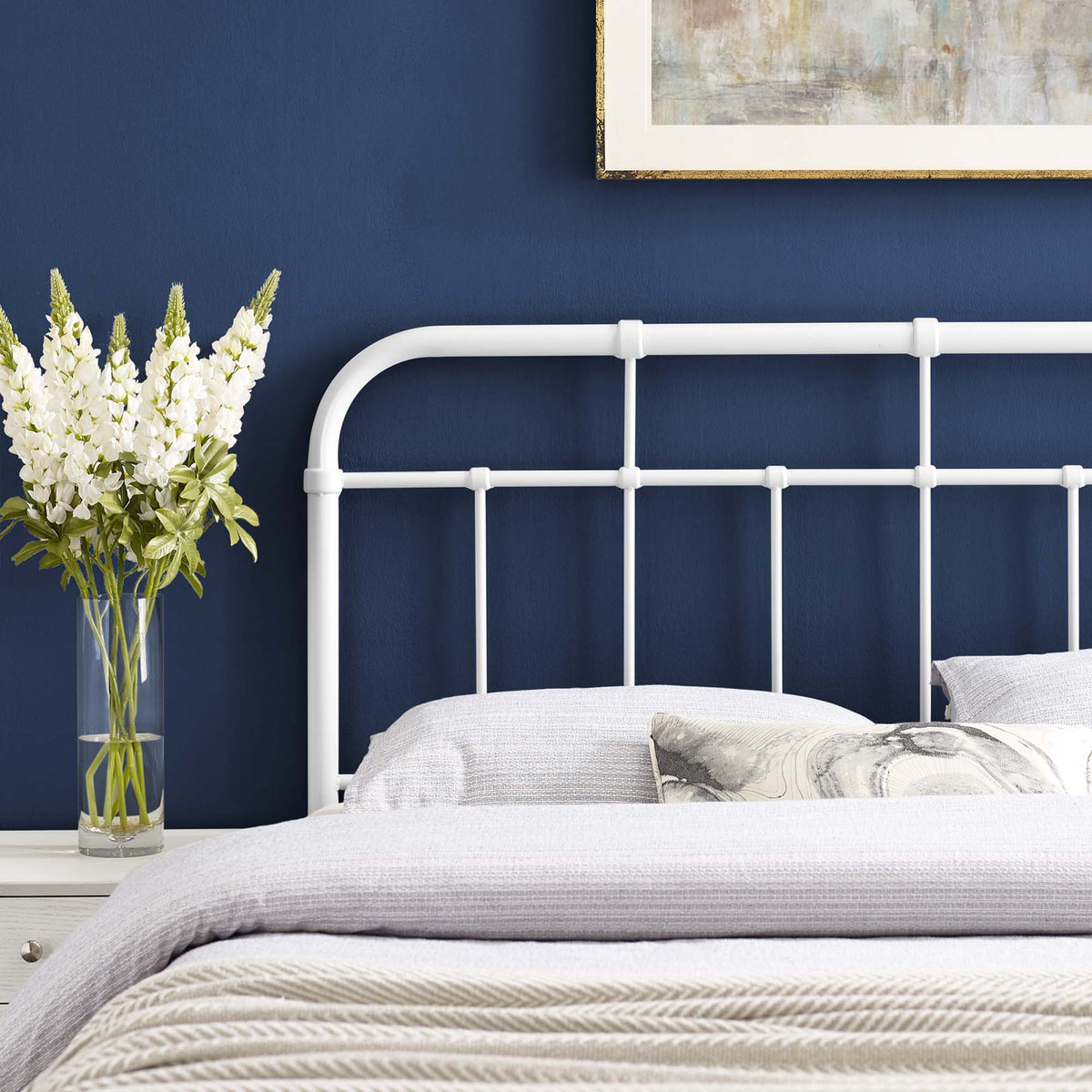 Alessia Metal Headboard by Modway, white grid-style headboard on a white bed against navy wall on Tampa Home & Garden Store