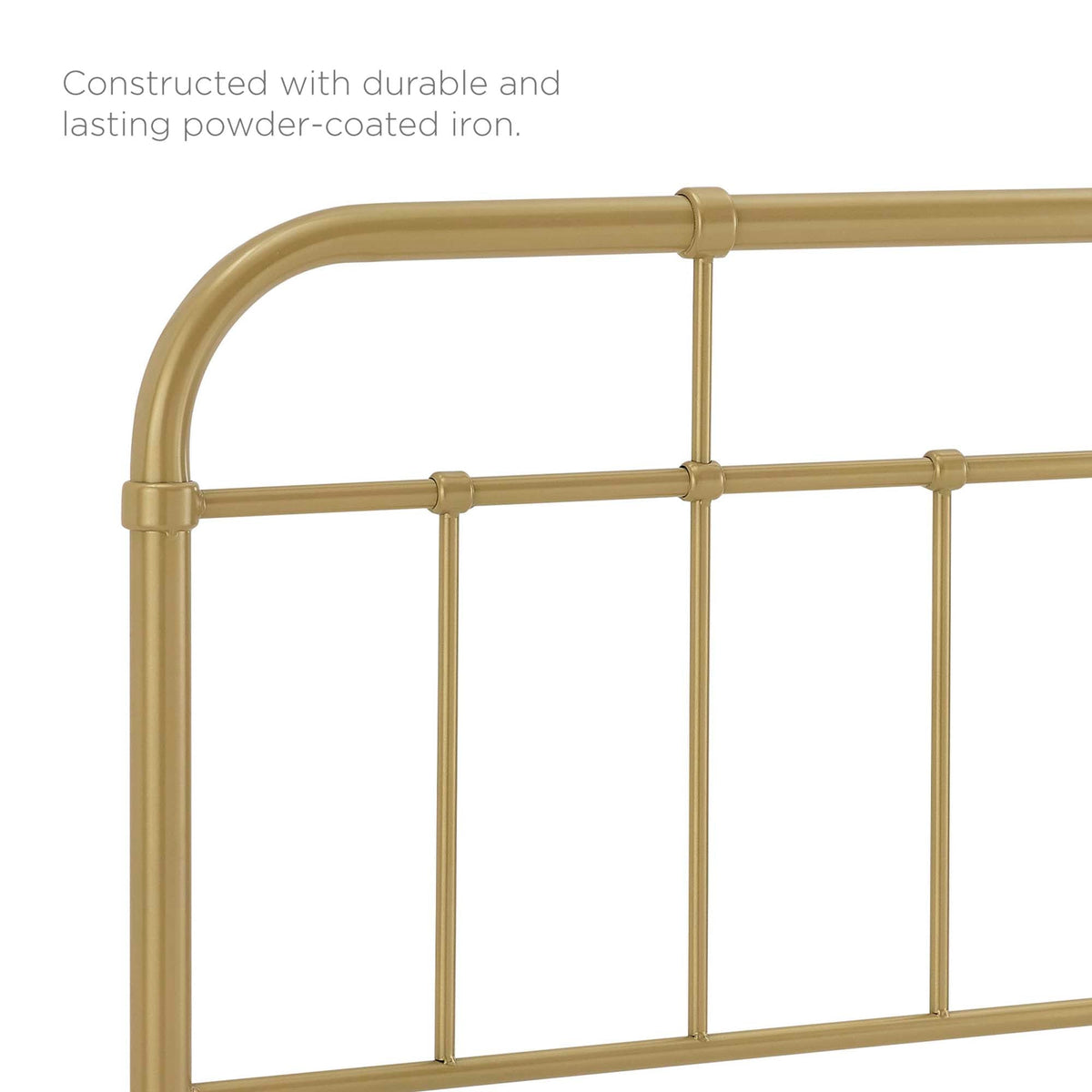 Alessia metal headboard in a gold finish with curved top rail and vertical bars on Tampa Home & Garden Store