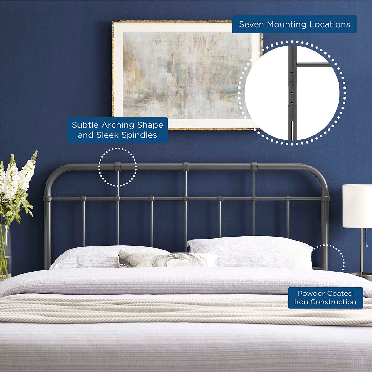 Alessia Metal Headboard Modway, dark gray powder-coated iron construction on Tampa Home & Garden Store