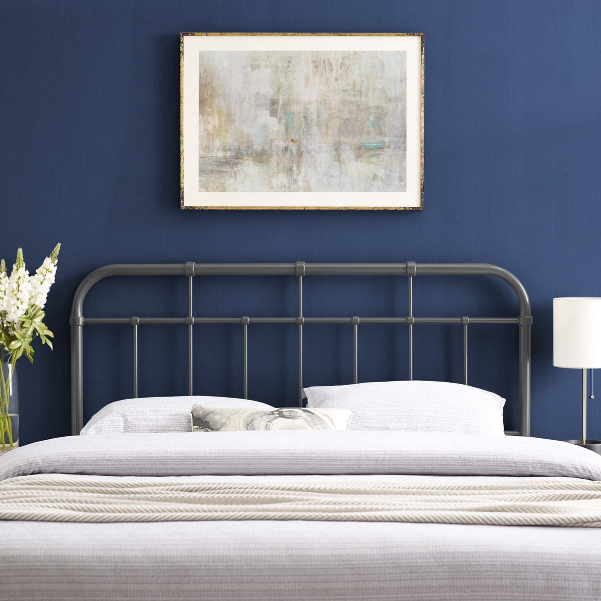 Alessia Metal Headboard, dark gray iron frame with pipe-style posts and grid rails on Tampa Home & Garden Store