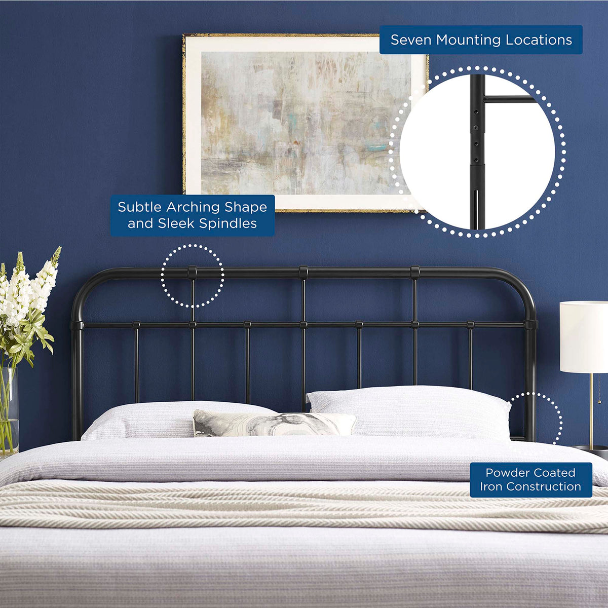 Alessia Metal Headboard by Modway, black powder-coated iron with sleek spindles on Tampa Home & Garden Store