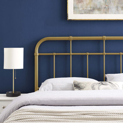 Alessia Metal Headboard by Modway, gold-tone headboard with vertical bars against a navy wall on Tampa Home & Garden Store