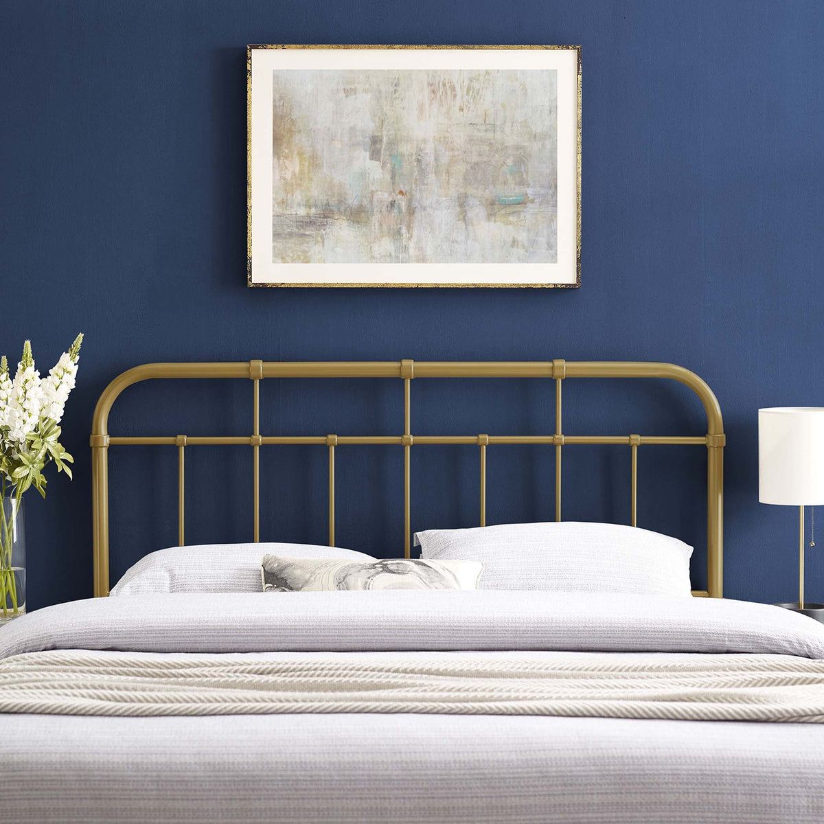 Alessia metal headboard with gold finish and vertical bar design on Tampa Home & Garden Store
