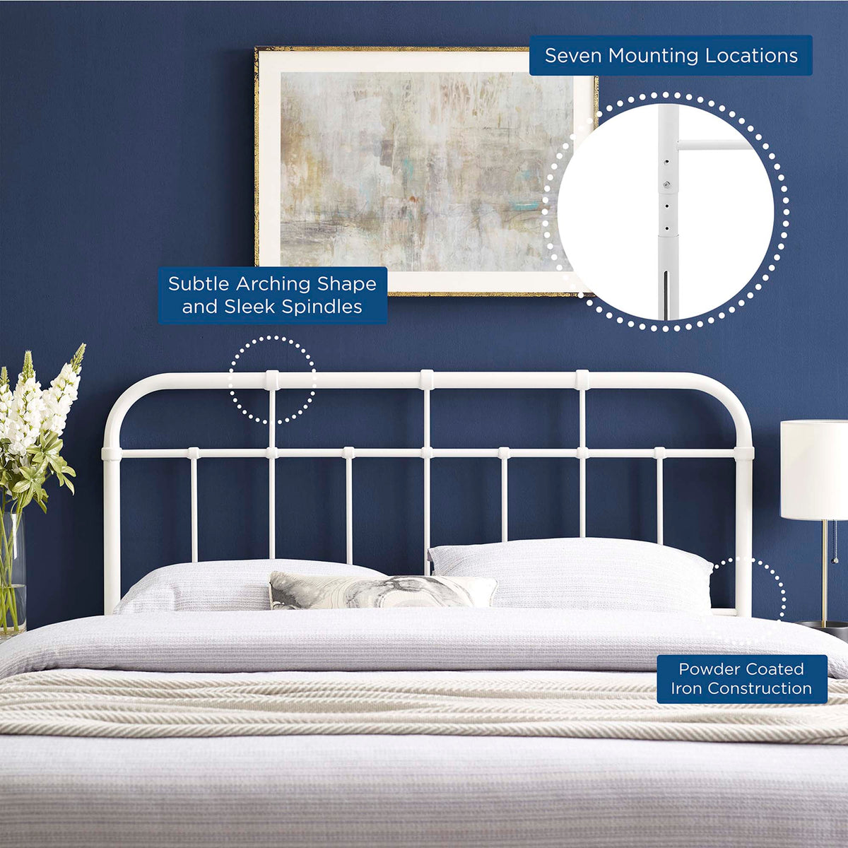 Alessia Metal Headboard by Modway, white powder-coated iron construction with slender spindles on Tampa Home & Garden Store