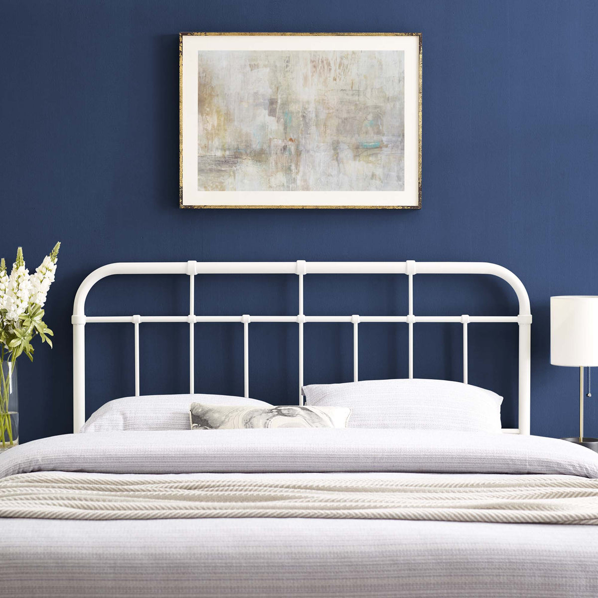 Alessia Metal Headboard by Modway, white metal headboard with vertical bars on navy wall on Tampa Home & Garden Store