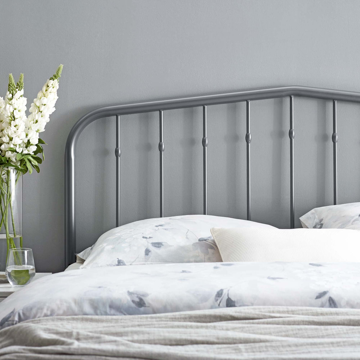 Lennon Metal Headboard by Modway, gray metal frame with vertical spindles on Tampa Home & Garden Store