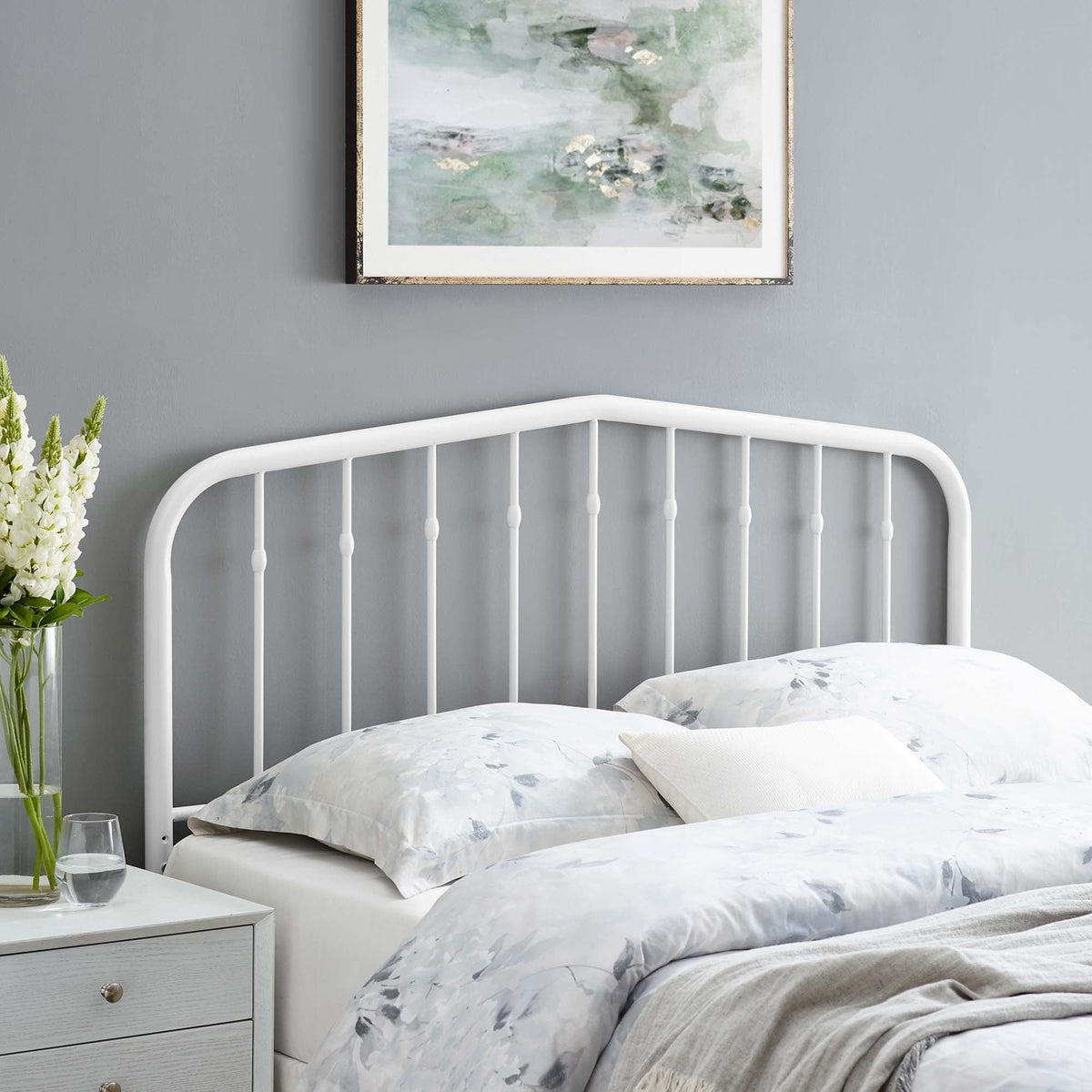 Lennon Metal Headboard by Modway, white metal frame with rounded top and vertical bars on Tampa Home & Garden Store