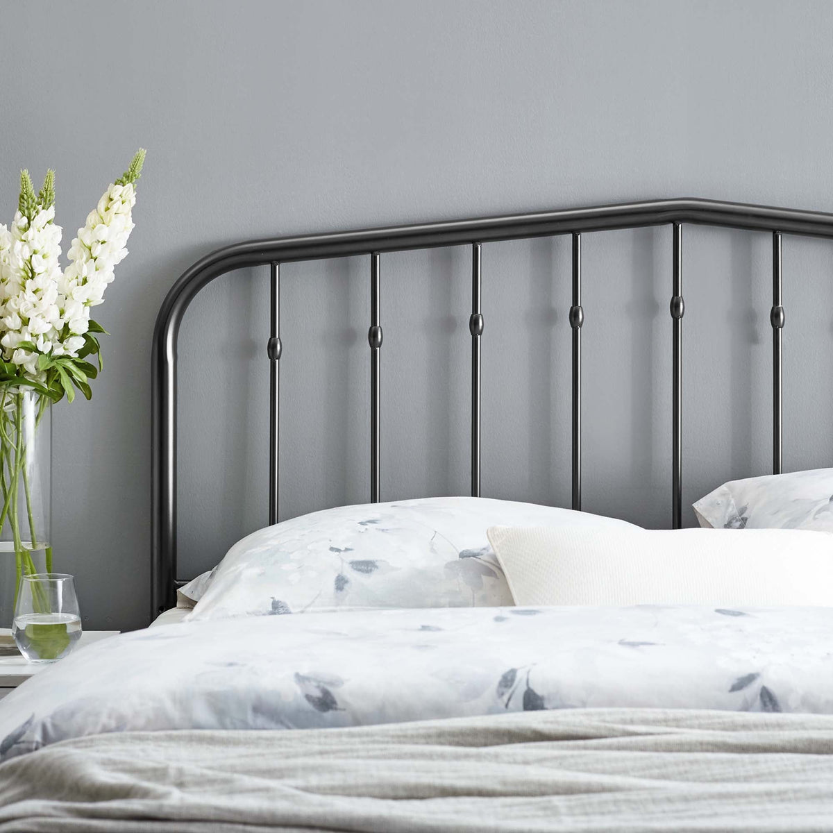 Lennon Metal Headboard by Modway, black metal headboard with curved top and spindles on Tampa Home & Garden Store