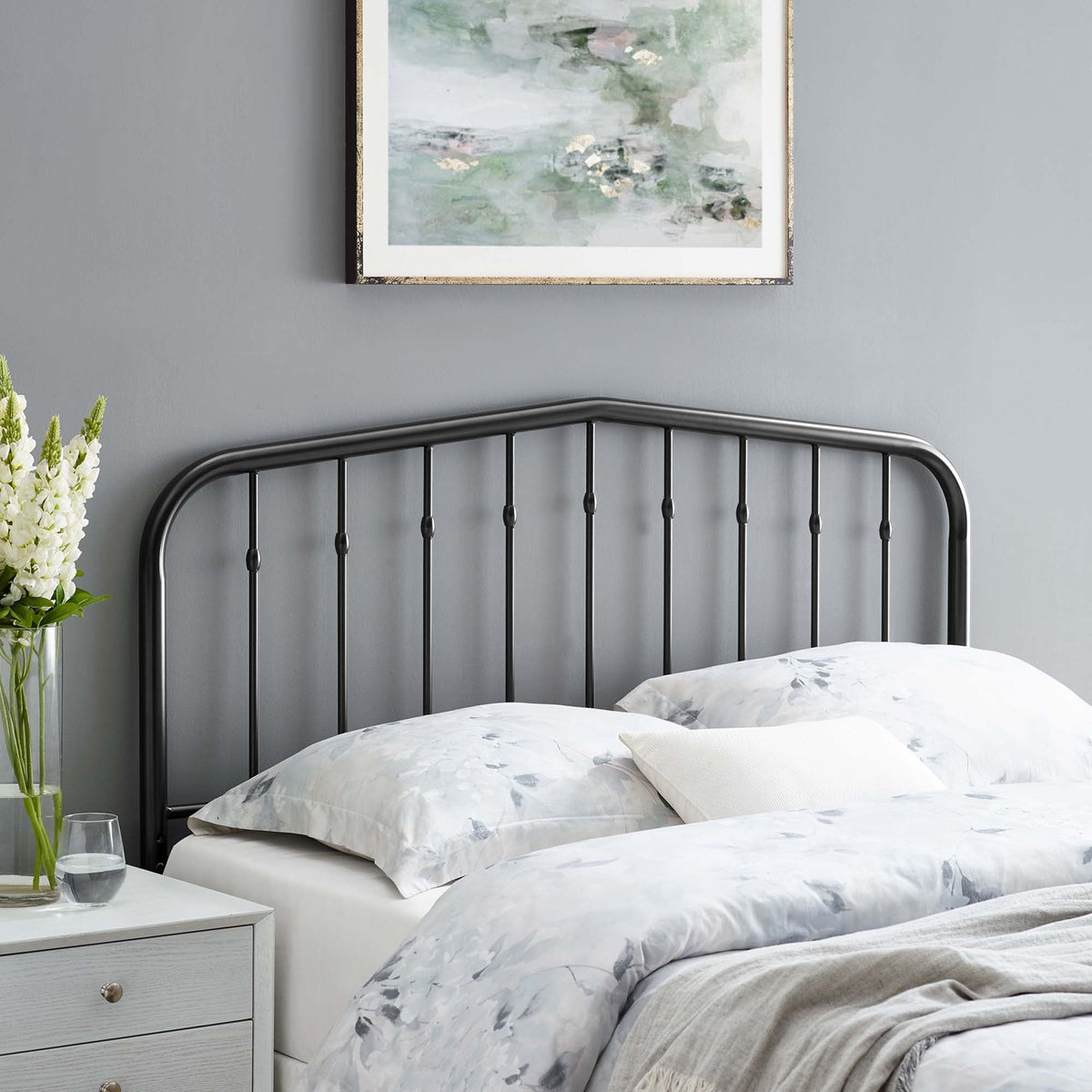 Lennon Metal Headboard by Modway in black iron with curved top rail and vertical spindles on Tampa Home & Garden Store