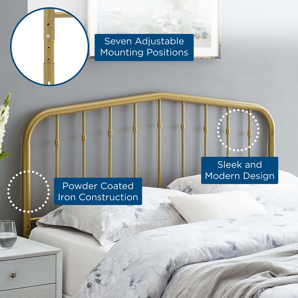 Lennon Metal Headboard brass powder-coated iron with seven adjustable mounting positions on Tampa Home & Garden Store