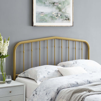 Lennon Metal Headboard by Modway, gold metal frame with vertical slats in a gray bedroom on Tampa Home & Garden Store