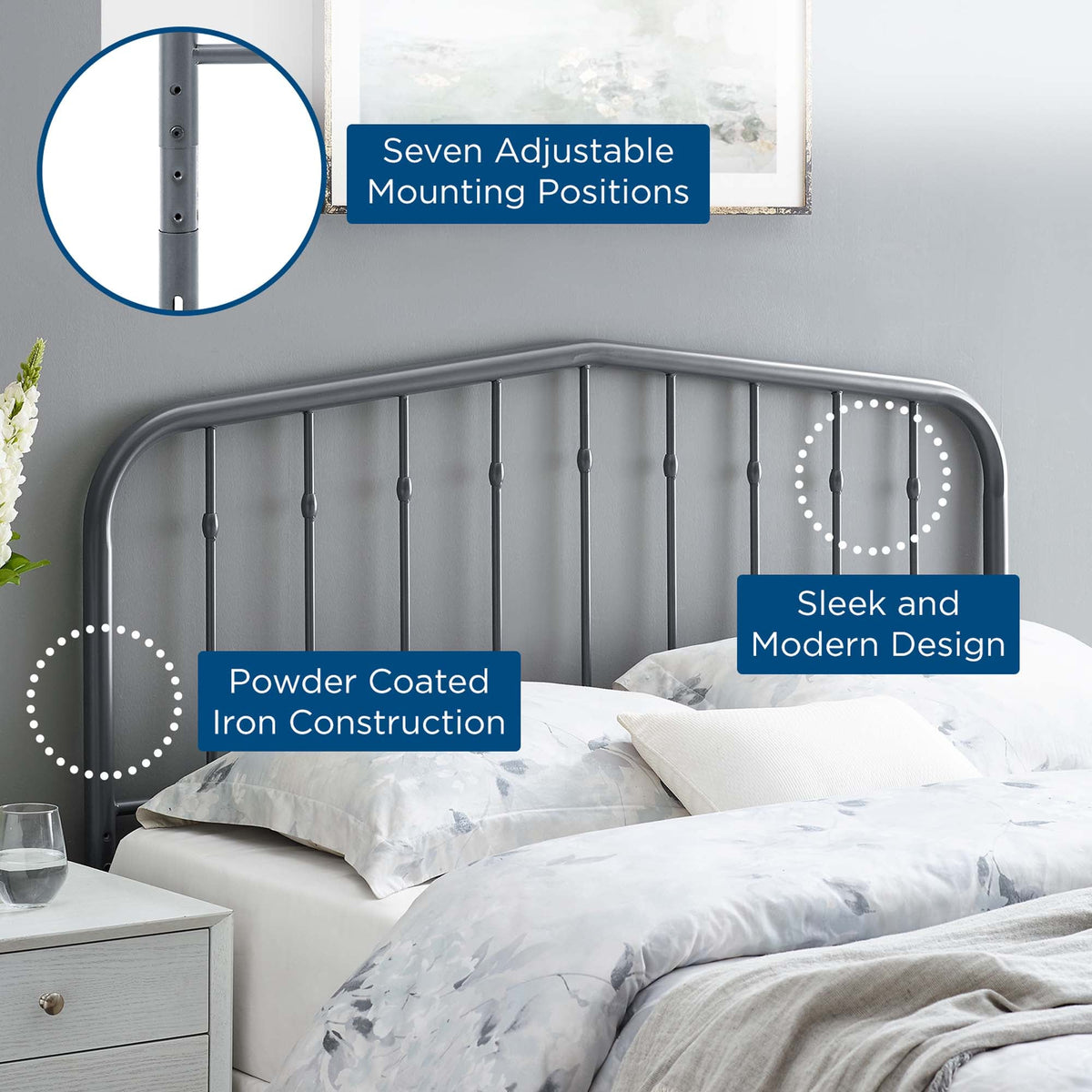 Lennon Metal Headboard by Modway, powder-coated iron, sleek gray, adjustable mounting on Tampa Home & Garden Store