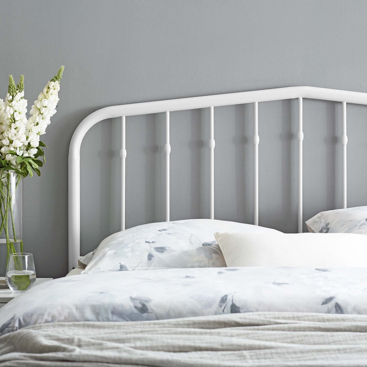 Lennon Metal Headboard by Modway, white curved headboard with vertical spindles on a gray wall on Tampa Home & Garden Store