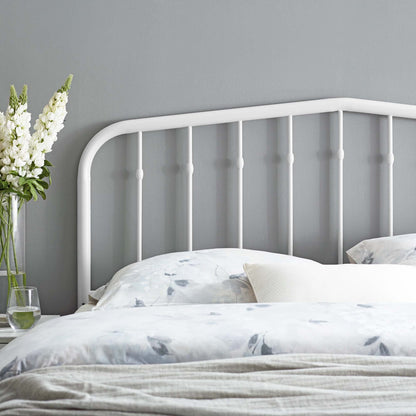 Lennon Metal Headboard by Modway, white curved headboard with vertical spindles on a gray wall on Tampa Home & Garden Store