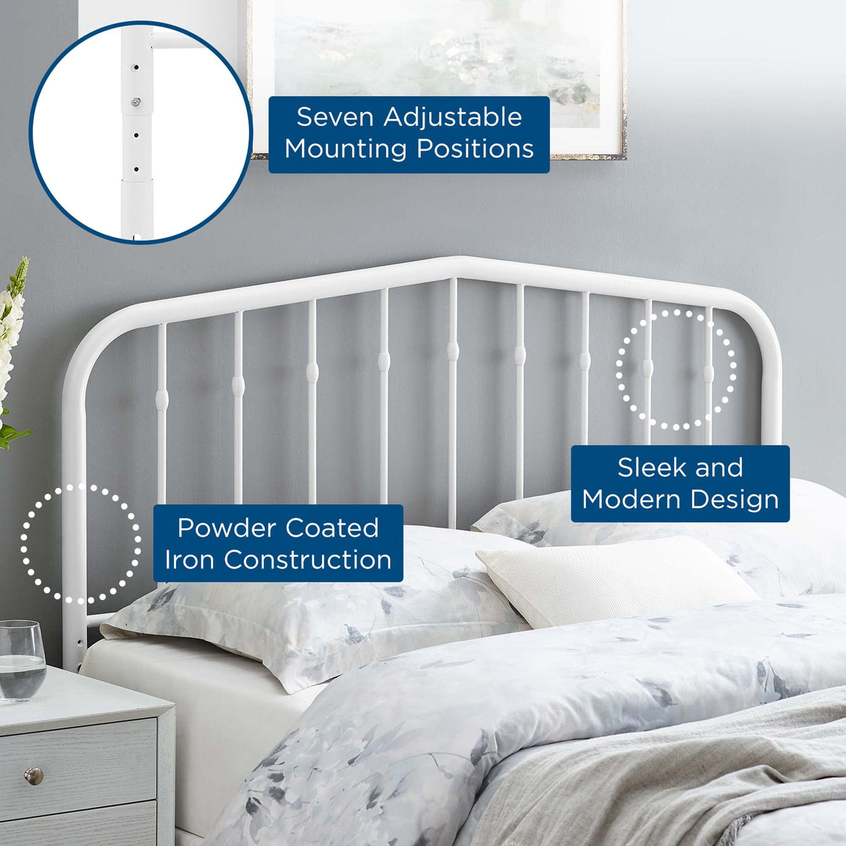 Lennon Metal Headboard by Modway, white powder-coated iron construction on Tampa Home & Garden Store