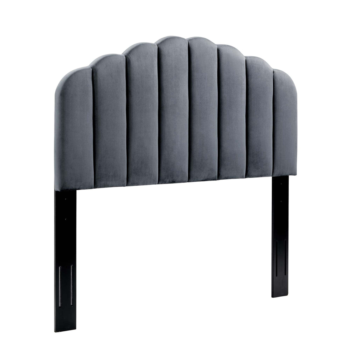 Veronique Twin Headboard in blue velvet with vertical channel tufting on black legs on Tampa Home & Garden Store