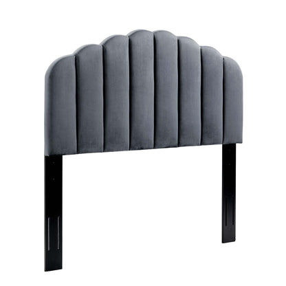 Veronique Twin Headboard in blue velvet with vertical channel tufting on black legs on Tampa Home & Garden Store