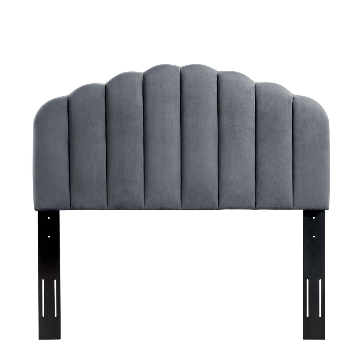 Veronique twin headboard in blue-gray velvet with scalloped panels and black legs on Tampa Home & Garden Store