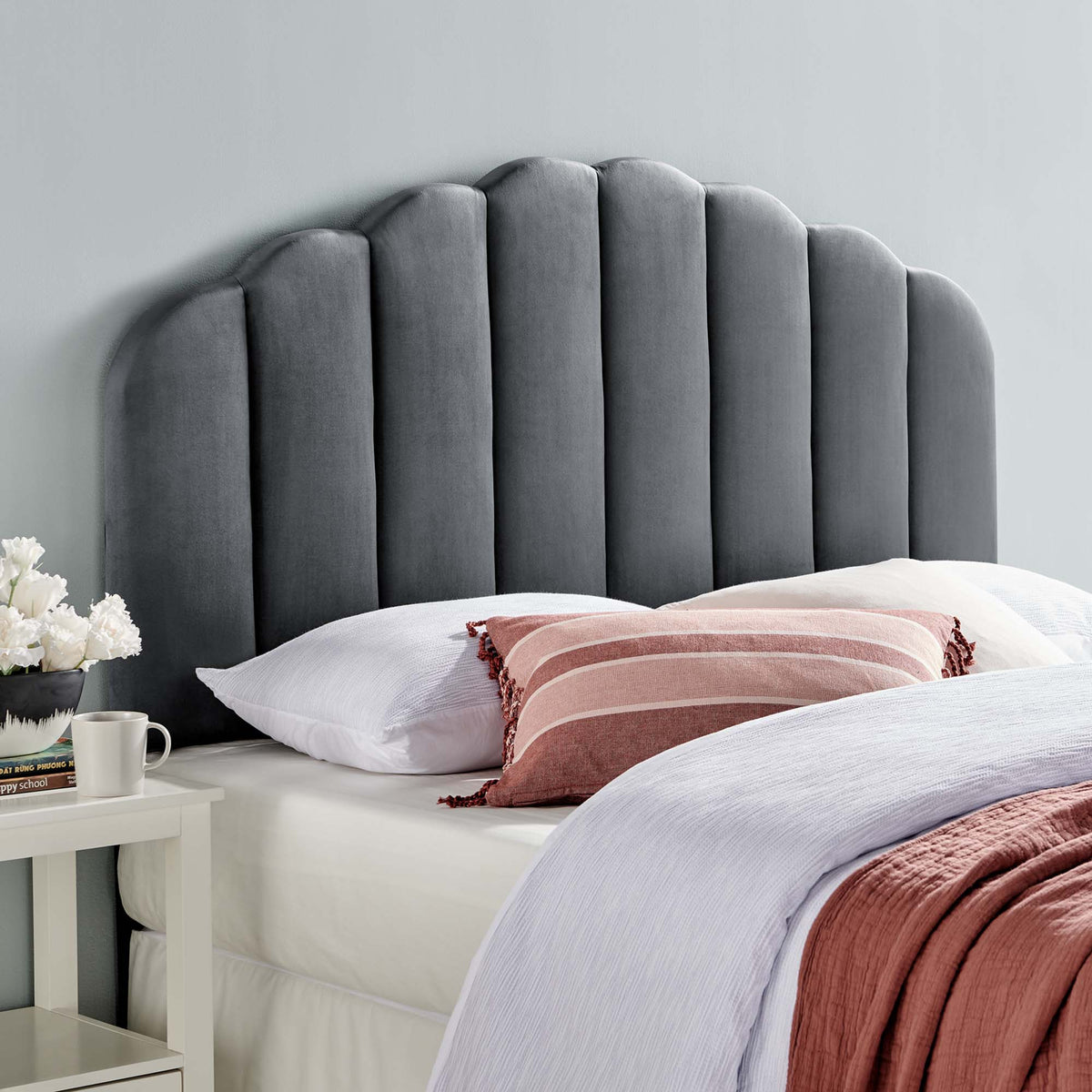 Veronique Performance Velvet Twin Headboard in dark gray velvet with scalloped vertical panels on Tampa Home & Garden Store