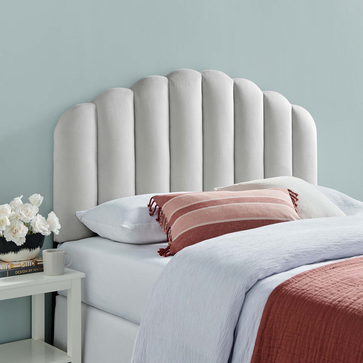 Veronique Performance Velvet headboard full/queen in light gray velvet with scalloped panels on Tampa Home & Garden Store