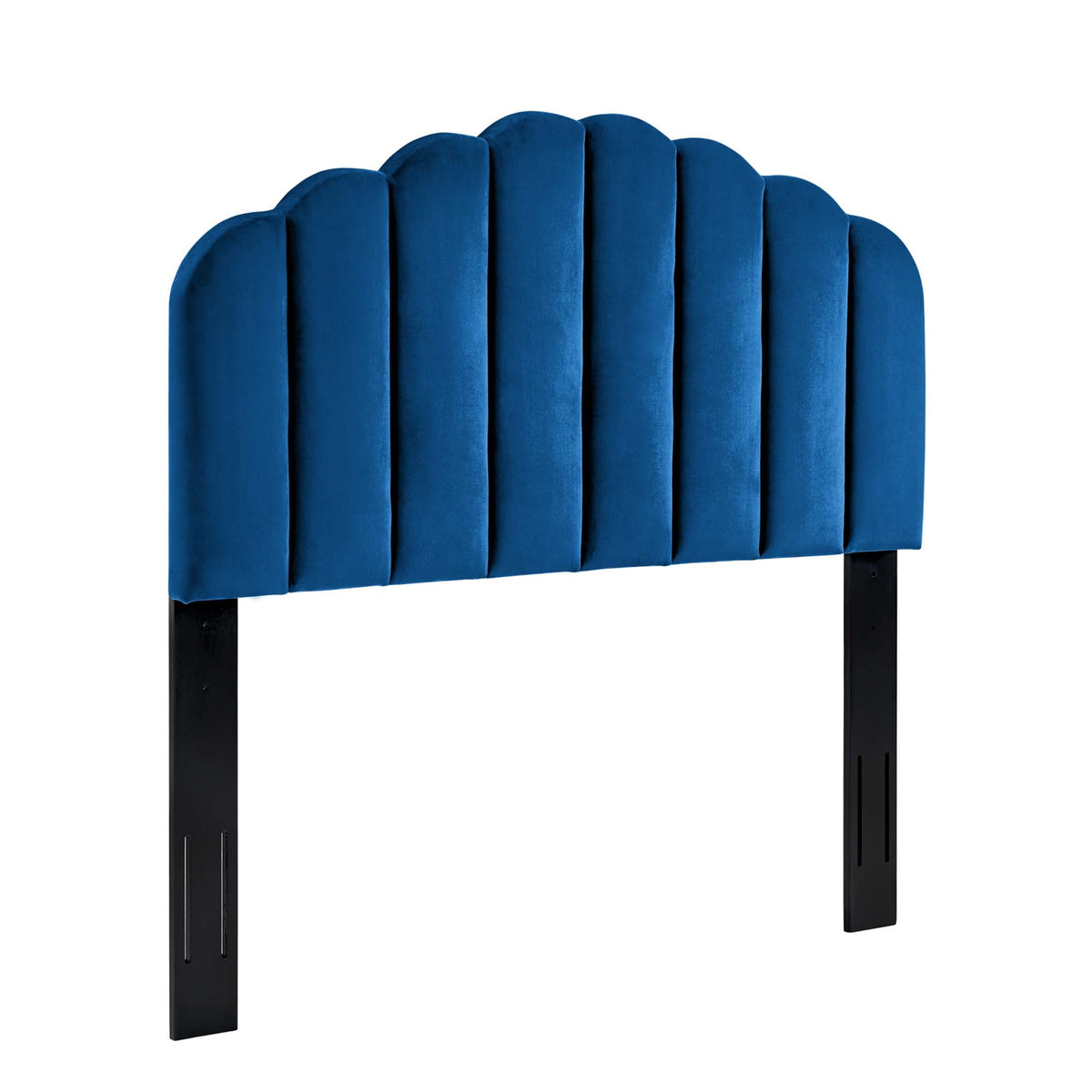 Veronique Velvet Full/Queen Headboard in blue with scalloped panels and black legs on Tampa Home & Garden Store