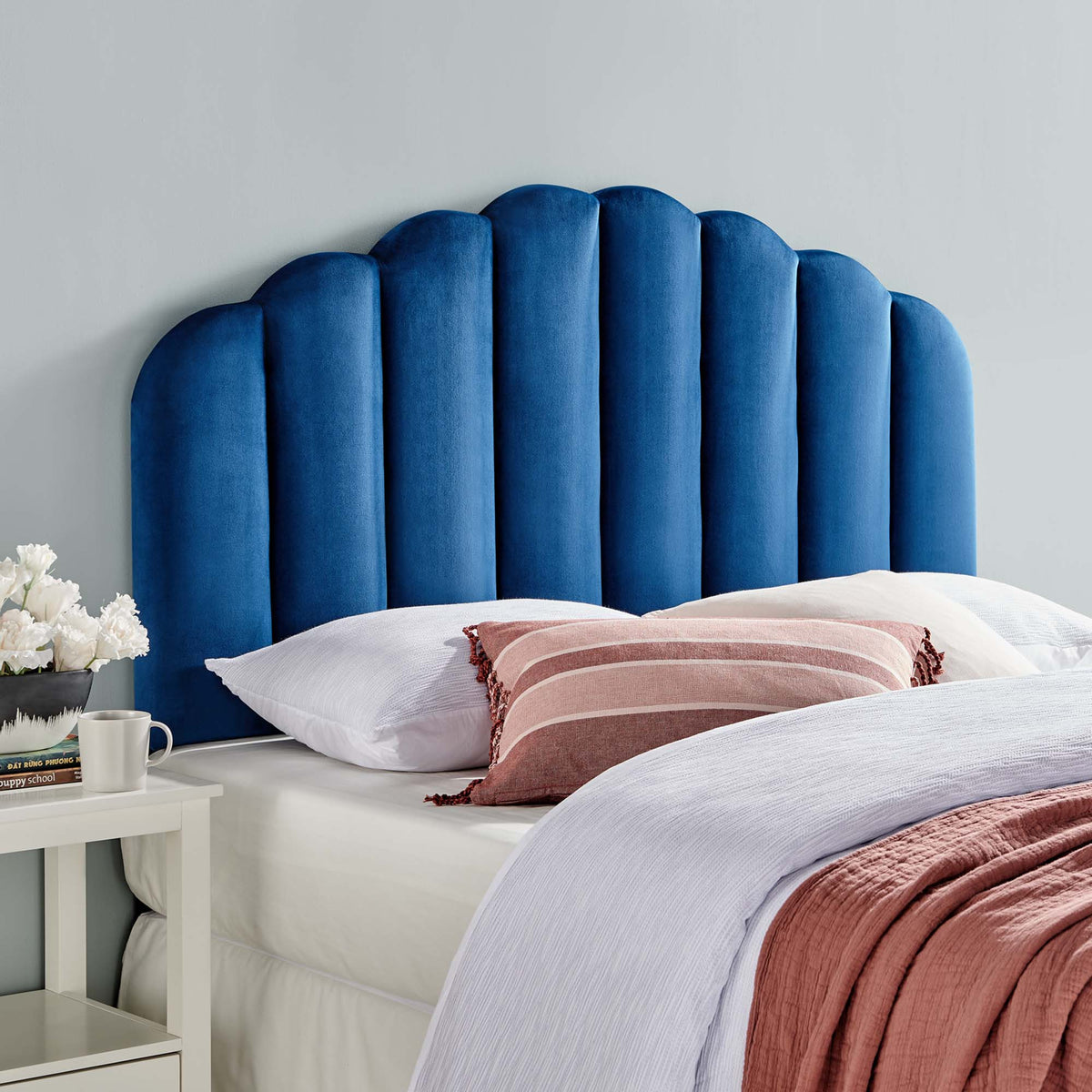 Veronique Full/Queen Velvet Headboard blue scalloped panels by Modway on Tampa Home & Garden Store