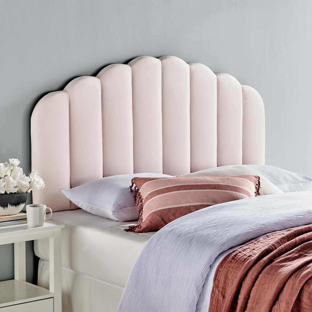 Veronique Performance Velvet Headboard Full/Queen blush pink velvet with scalloped panels on Tampa Home & Garden Store