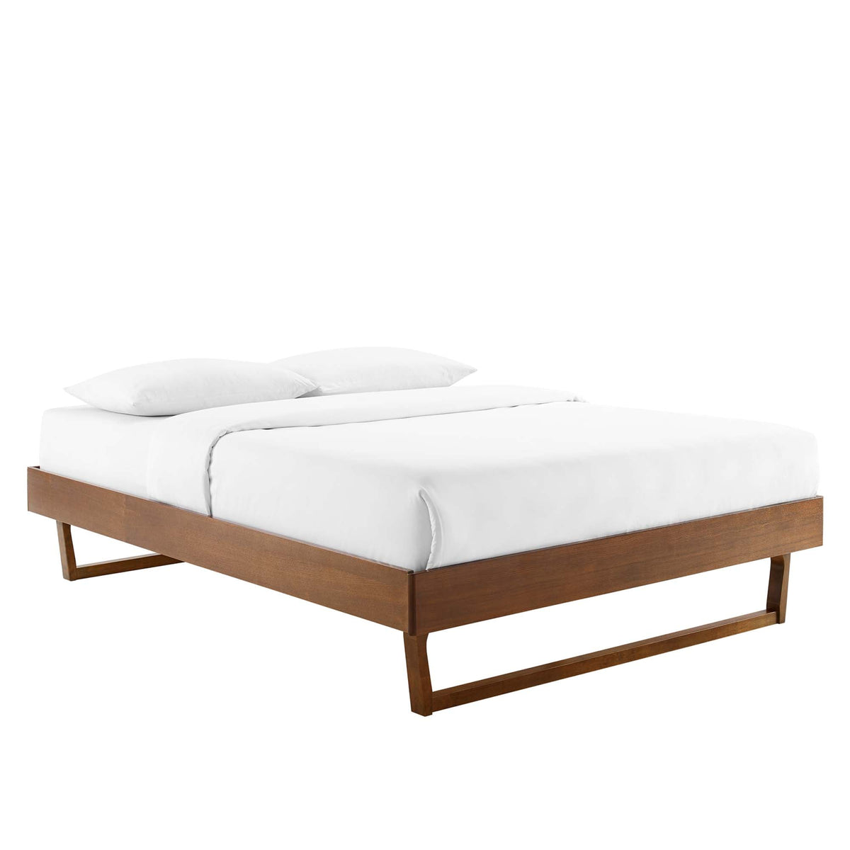 Billie Wood Platform Bed Frame with brown wood finish and white bedding on Tampa Home & Garden Store