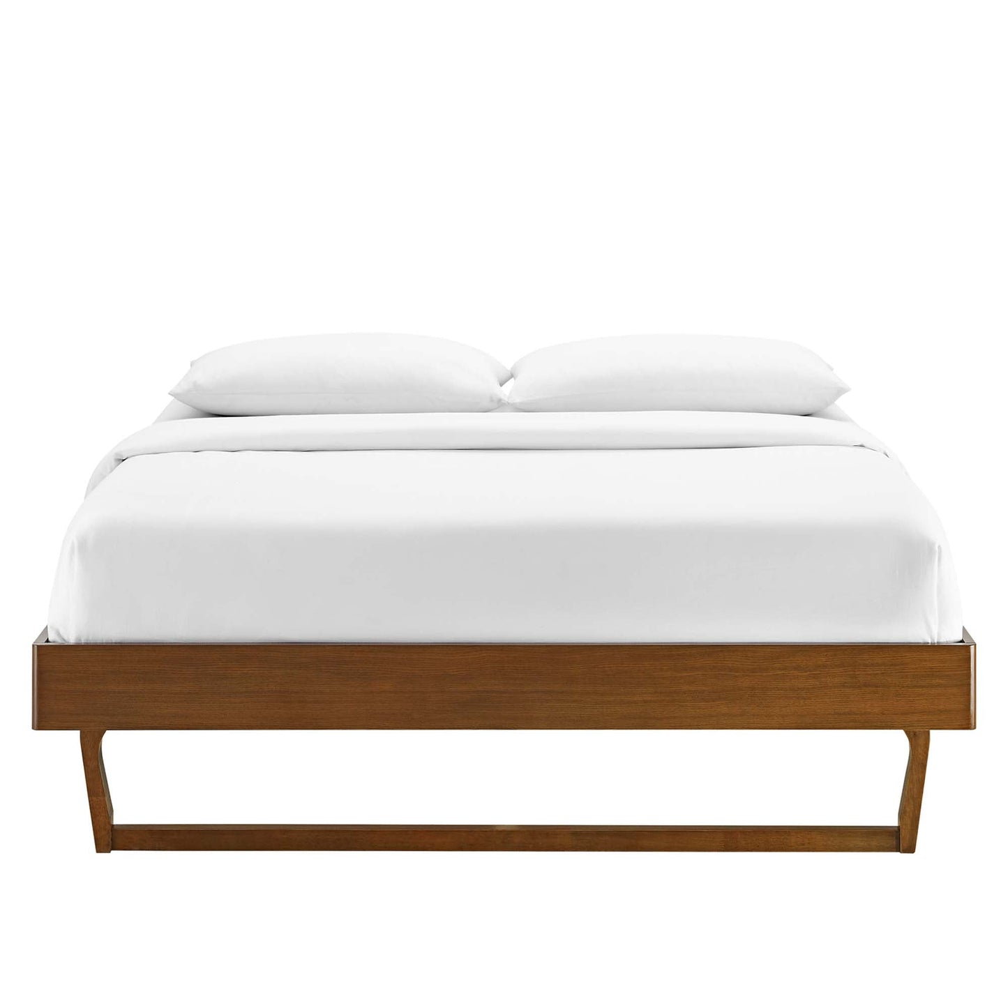 Billie Wood Platform Bed Frame by Modway in warm brown wood with white bedding on Tampa Home & Garden Store