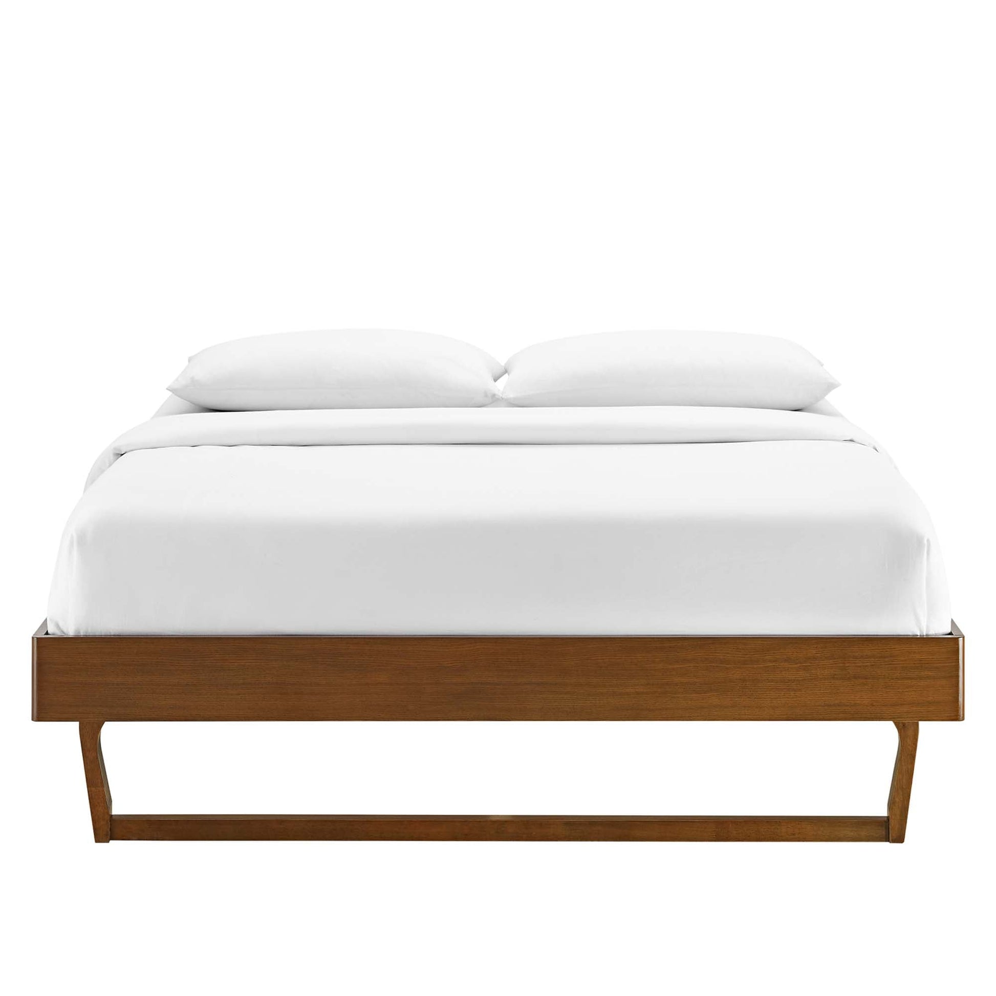 Billie Wood Platform Bed Frame by Modway in warm brown wood with white bedding on Tampa Home & Garden Store
