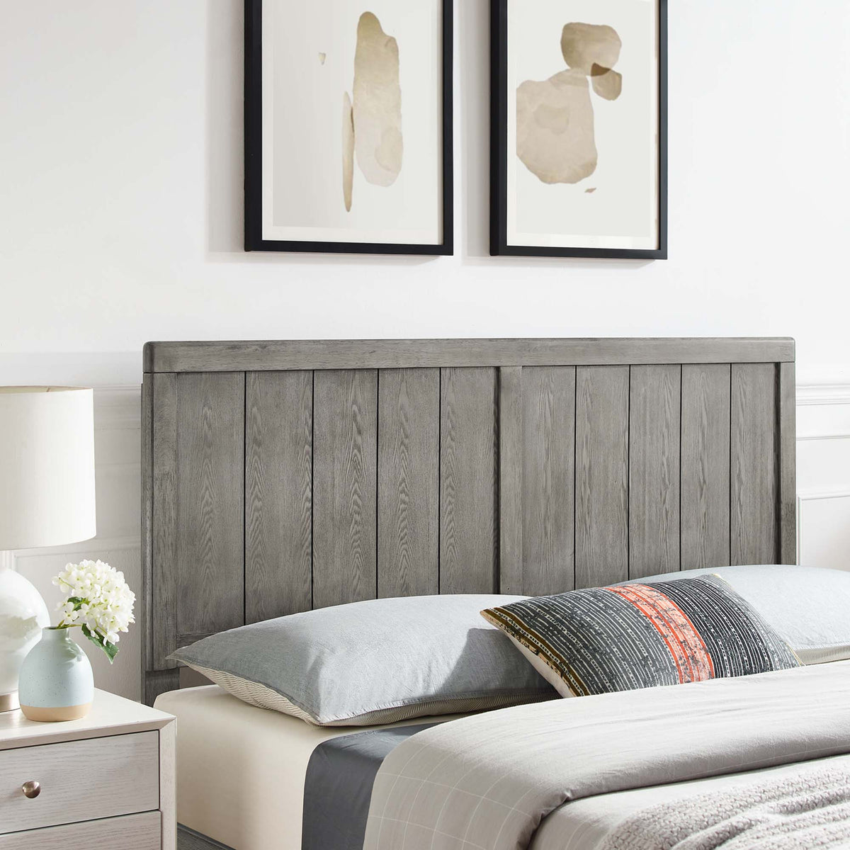 Robbie Wood Headboard by Modway in gray-washed wood with vertical slat panels on Tampa Home & Garden Store