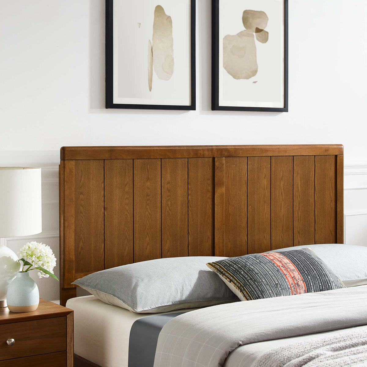 Robbie Wood Headboard in warm brown wood with vertical slat panels on Tampa Home & Garden Store