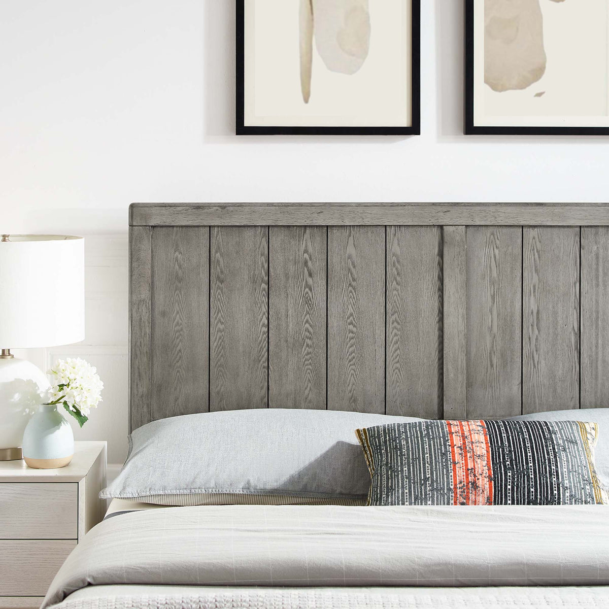 Robbie Wood Headboard by Modway, gray wood paneling with vertical planks on bed on Tampa Home & Garden Store
