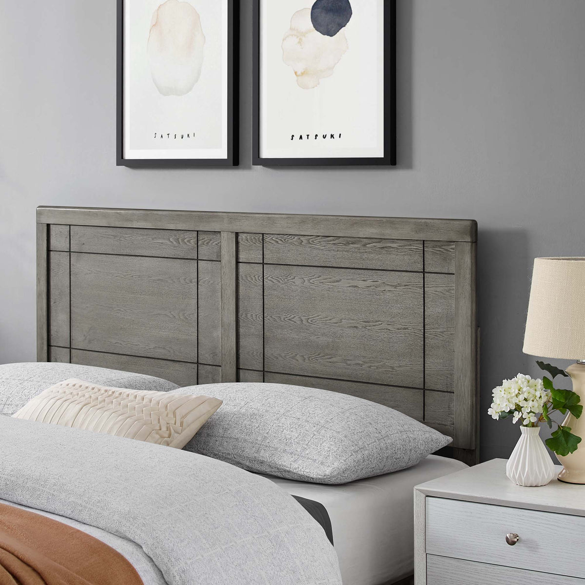 Archie Wood Headboard Modway, gray weathered wood with paneled detail; two framed prints above on Tampa Home & Garden Store