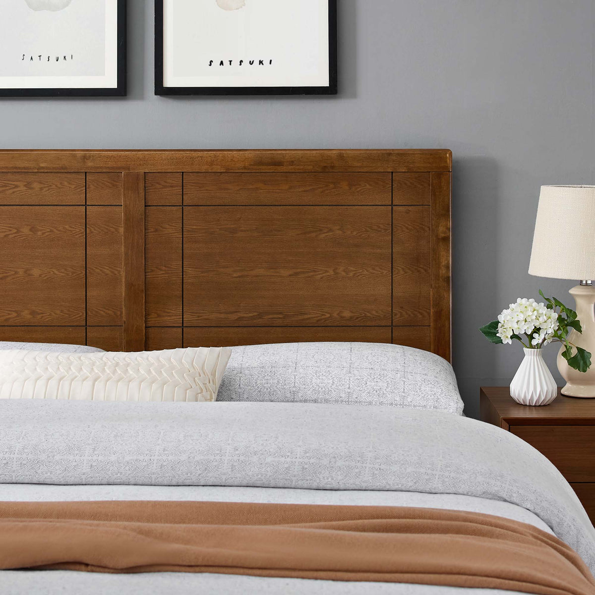 Archie Wood Headboard by Modway, brown wood with grid panel detailing on Tampa Home & Garden Store