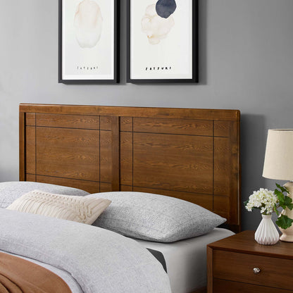 Archie Wood Headboard by Modway, warm oak finish with paneled grid detailing, art prints above on Tampa Home & Garden Store