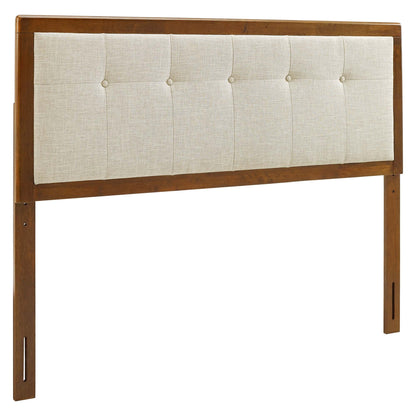Willow Wood full platform bed headboard with beige upholstered panel and wood frame on Tampa Home & Garden Store