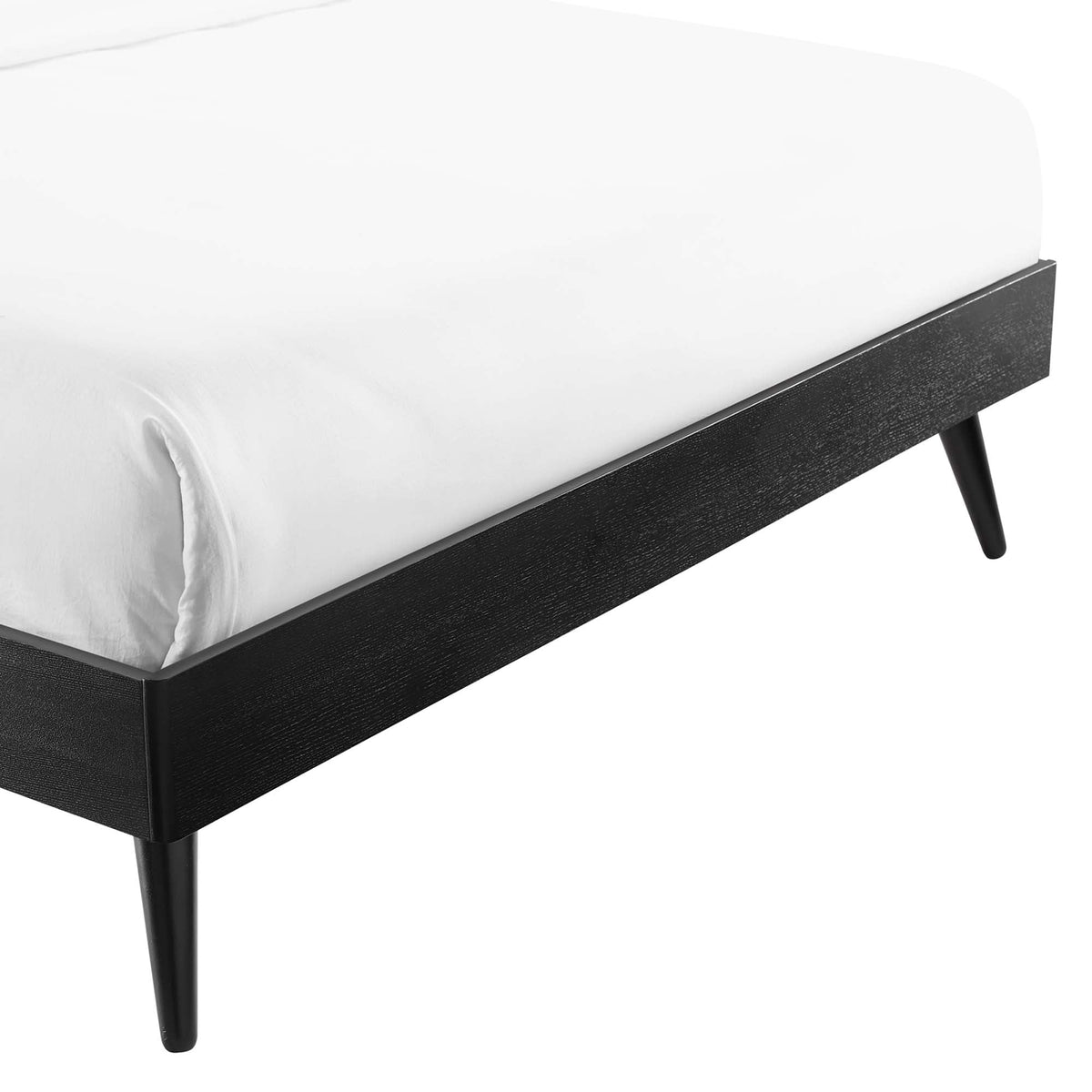 Margo Wood Platform Bed Frame by Modway with black tapered legs and white bedding on dark wood on Tampa Home & Garden Store