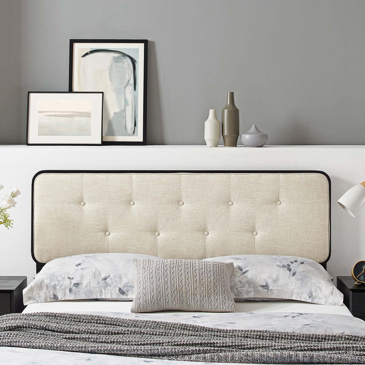 Full Collins Tufted Headboard by Modway in beige fabric with black wood trim on Tampa Home & Garden Store