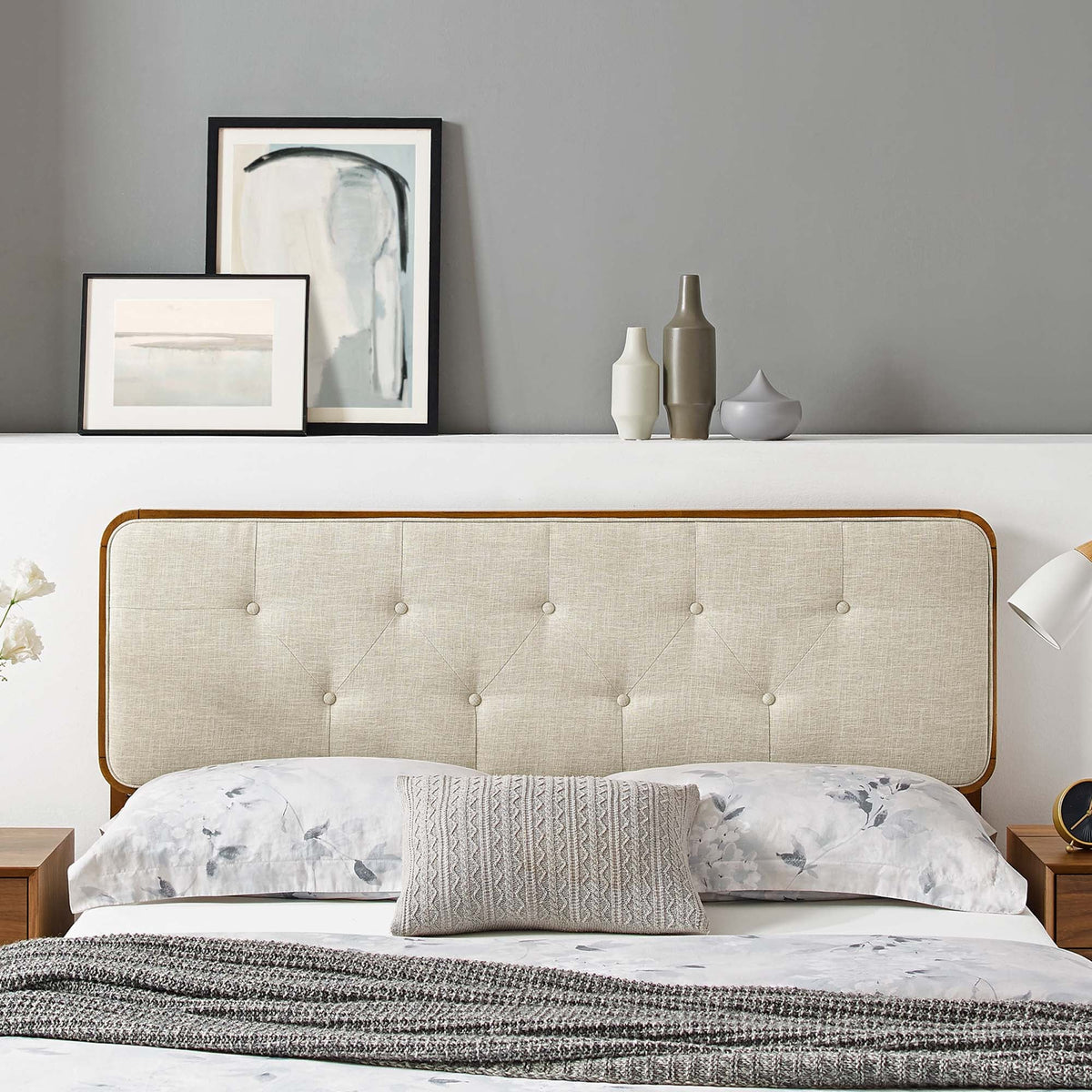 Collins Tufted Fabric and Wood Headboard beige tufted upholstery with wood frame on Tampa Home & Garden Store