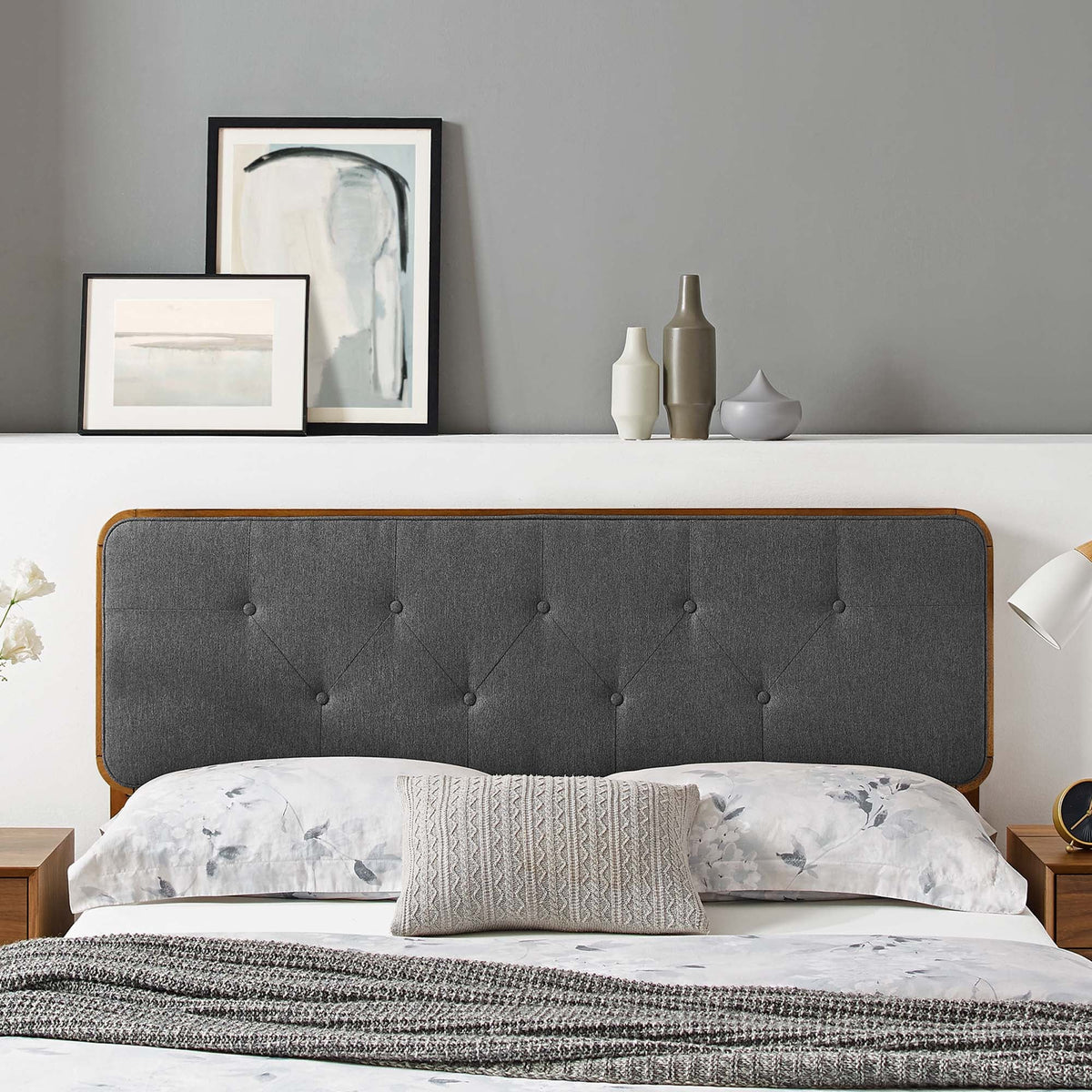 Collins Tufted Fabric and Wood Headboard by Modway in charcoal gray with wood frame on Tampa Home & Garden Store